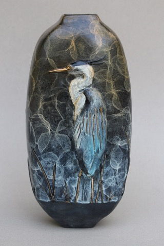 FL081 Great Blue Heron Vase, 2-Sided at Hunter Wolff Gallery